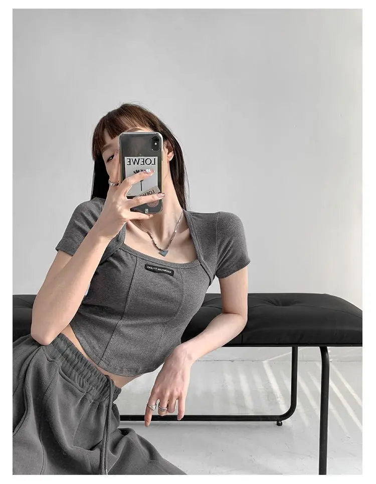 Curved Crop Tops Women Summer Square Collar Short Sleeve T-Shirt Fashion Slim Woman - Blade & Thread