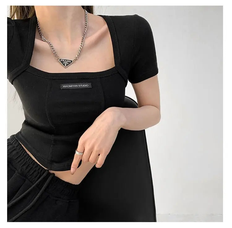 Curved Crop Tops Women Summer Square Collar Short Sleeve T-Shirt Fashion Slim Woman - Blade & Thread