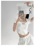Curved Crop Tops Women Summer Square Collar Short Sleeve T-Shirt Fashion Slim Woman nowadaysfashion