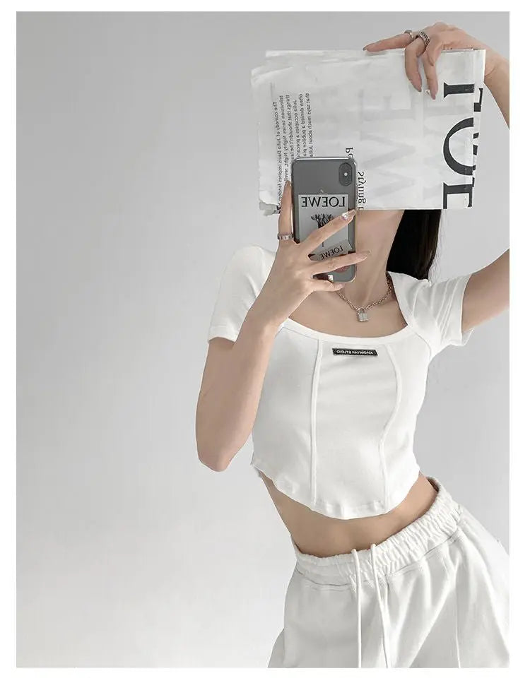 Curved Crop Tops Women Summer Square Collar Short Sleeve T-Shirt Fashion Slim Woman nowadaysfashion
