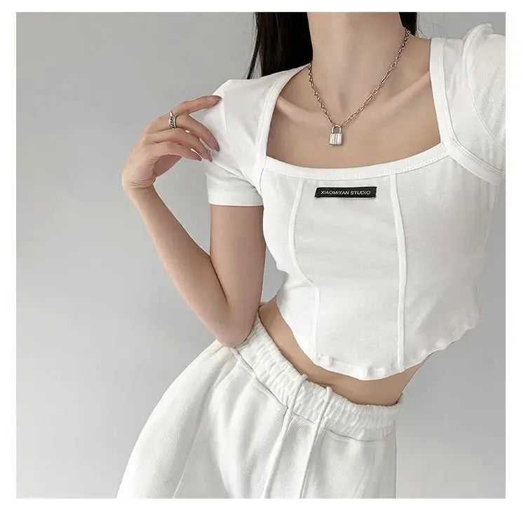 Curved Crop Tops Women Summer Square Collar Short Sleeve T-Shirt Fashion Slim Woman nowadaysfashion
