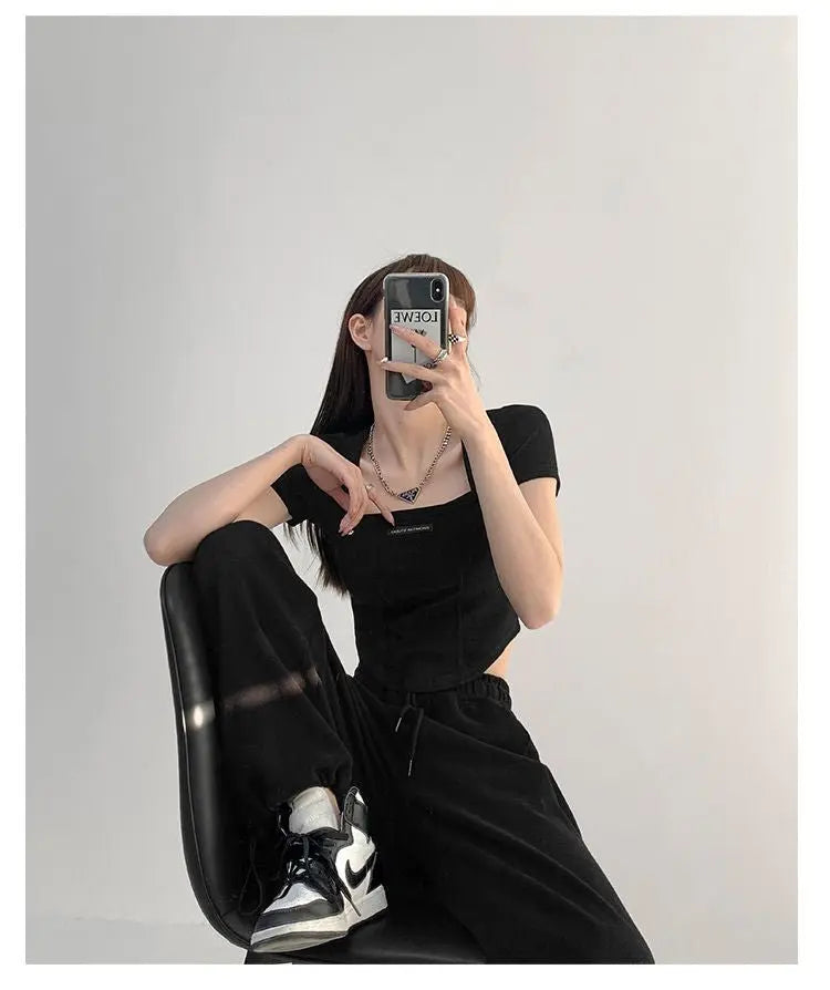Curved Crop Tops Women Summer Square Collar Short Sleeve T-Shirt Fashion Slim Woman - Blade & Thread