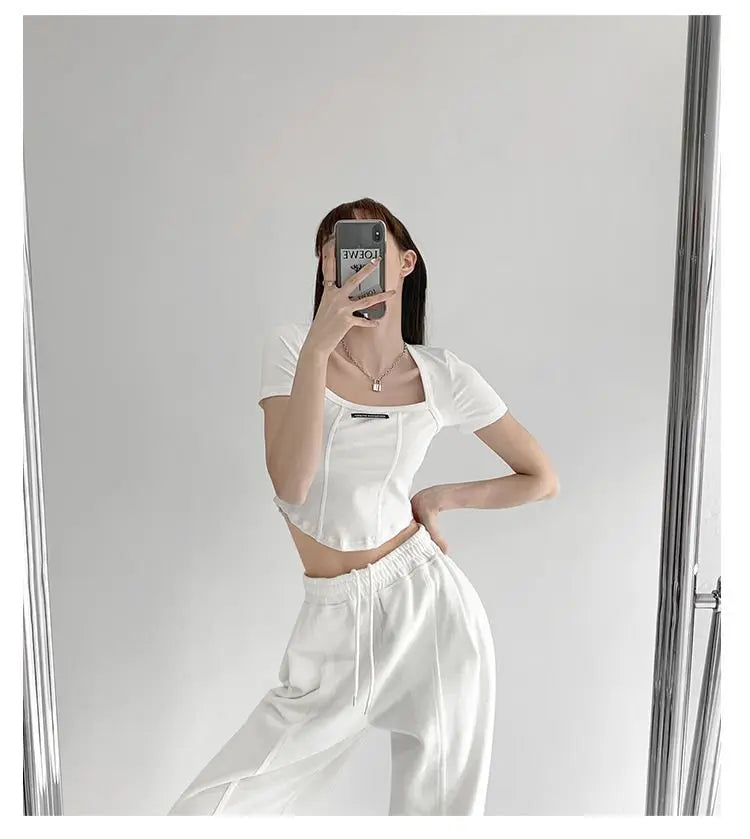 Curved Crop Tops Women Summer Square Collar Short Sleeve T-Shirt Fashion Slim Woman - Blade & Thread