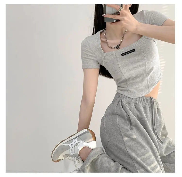 Curved Crop Tops Women Summer Square Collar Short Sleeve T-Shirt Fashion Slim Woman nowadaysfashion