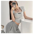 Curved Crop Tops Women Summer Square Collar Short Sleeve T-Shirt Fashion Slim Woman nowadaysfashion