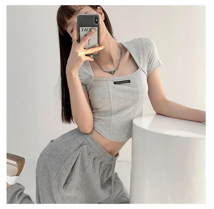 Curved Crop Tops Women Summer Square Collar Short Sleeve T-Shirt Fashion Slim Woman - Blade & Thread