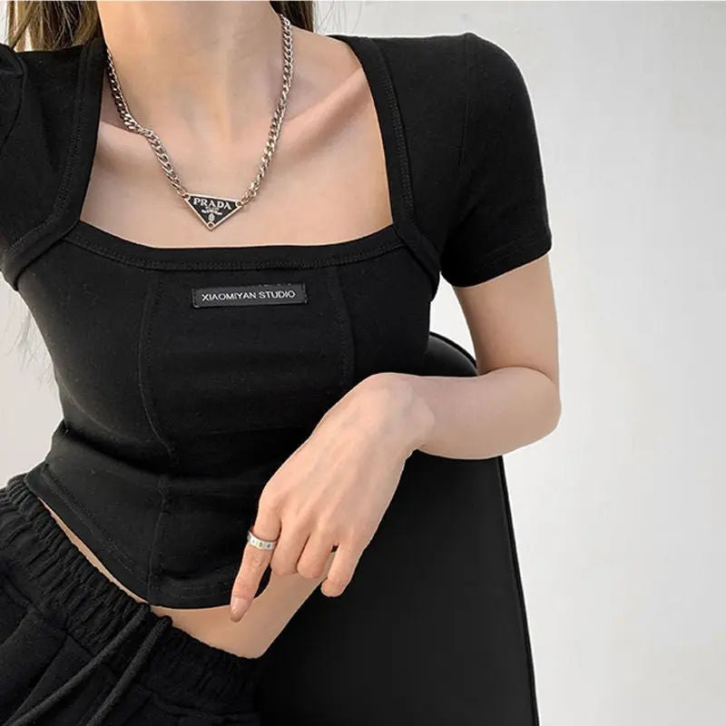 Curved Crop Tops Women Summer Square Collar Short Sleeve T-Shirt Fashion Slim Woman - Blade & Thread