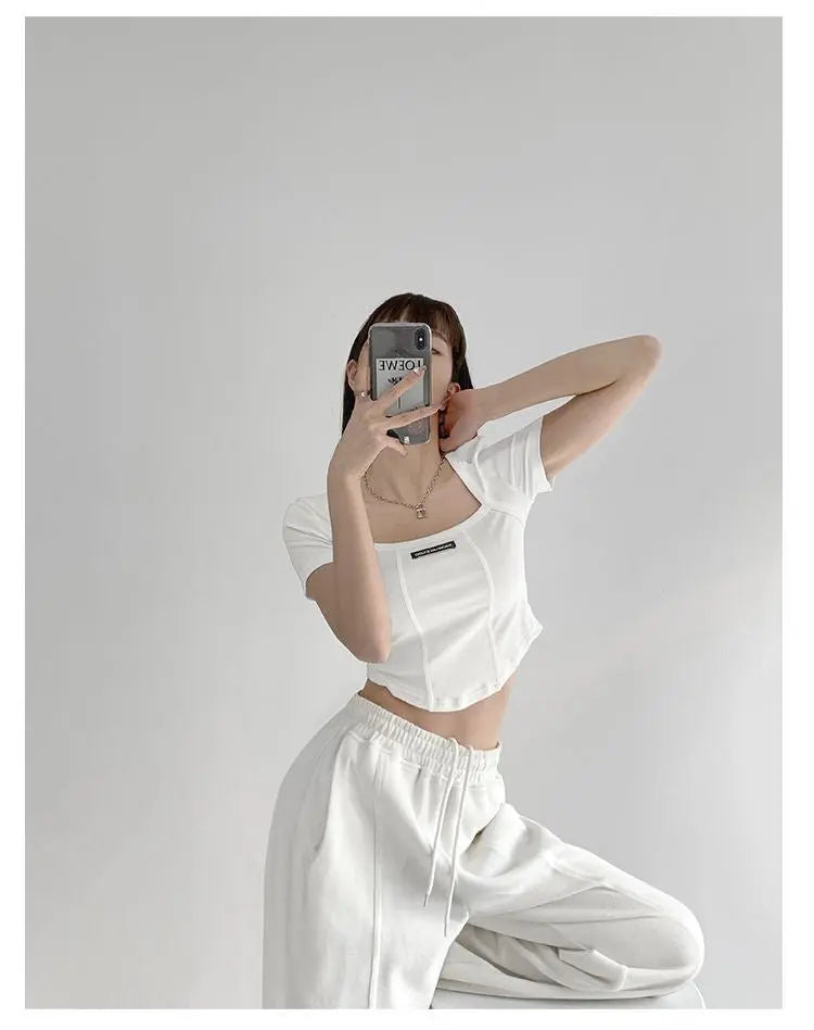 Curved Crop Tops Women Summer Square Collar Short Sleeve T-Shirt Fashion Slim Woman - Blade & Thread