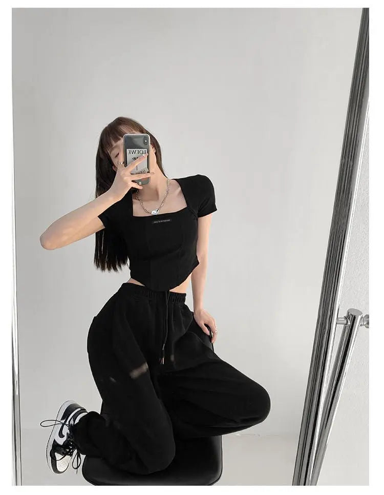 Curved Crop Tops Women Summer Square Collar Short Sleeve T-Shirt Fashion Slim Woman - Blade & Thread