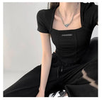 Curved Crop Tops Women Summer Square Collar Short Sleeve T-Shirt Fashion Slim Woman nowadaysfashion