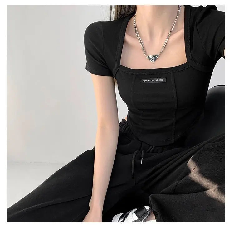 Curved Crop Tops Women Summer Square Collar Short Sleeve T-Shirt Fashion Slim Woman nowadaysfashion