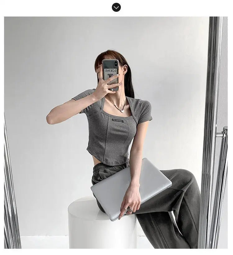 Curved Crop Tops Women Summer Square Collar Short Sleeve T-Shirt Fashion Slim Woman nowadaysfashion