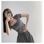 Curved Crop Tops Women Summer Square Collar Short Sleeve T-Shirt Fashion Slim Woman nowadaysfashion