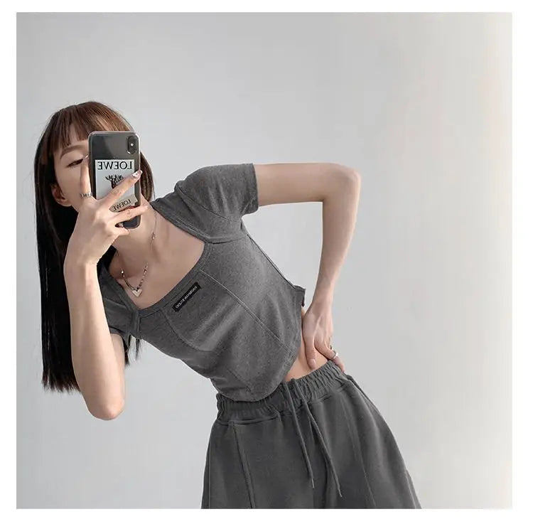 Curved Crop Tops Women Summer Square Collar Short Sleeve T-Shirt Fashion Slim Woman - Blade & Thread