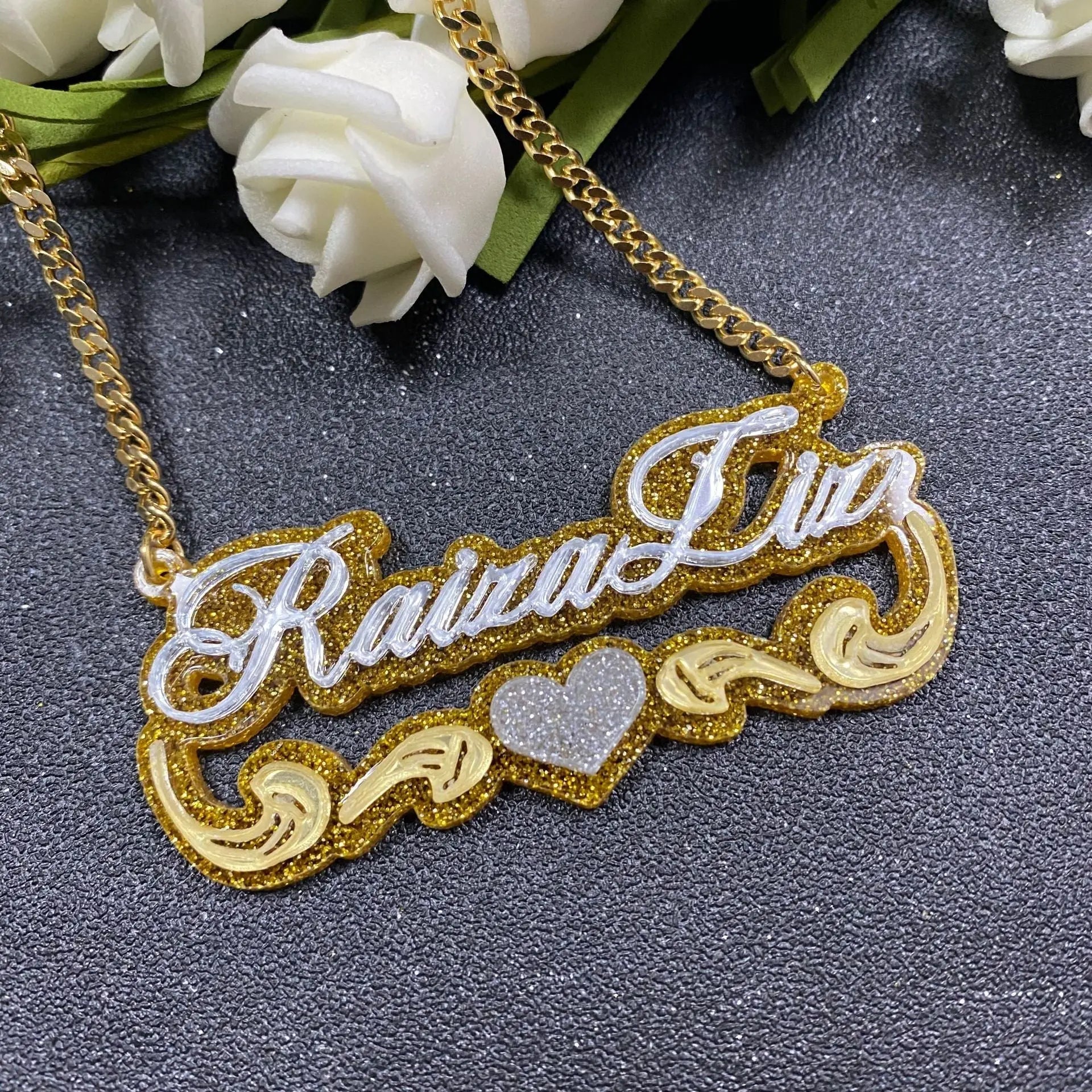 Custom creative name acrylic bamboo earrings necklace glitter set - Blade & Thread