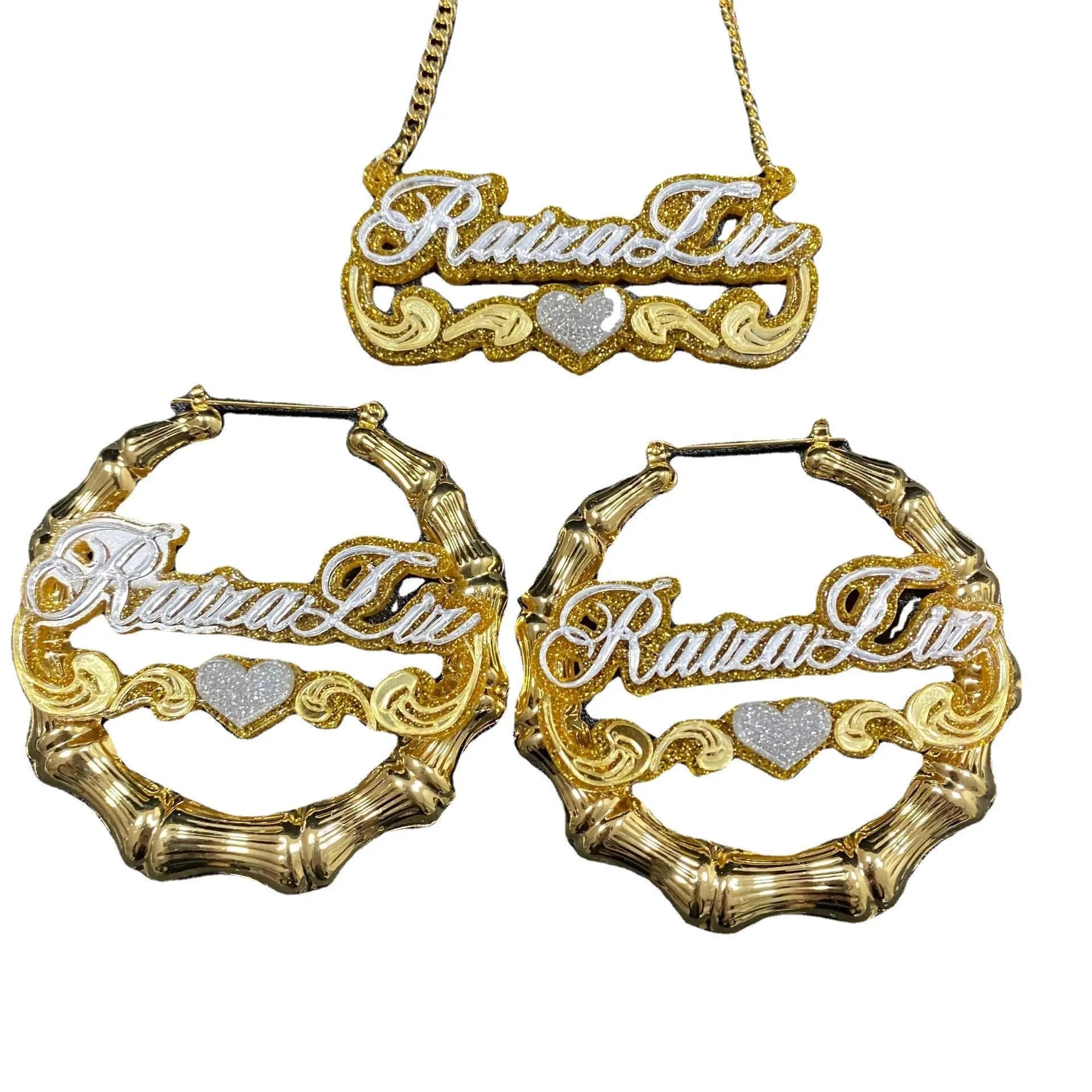 Custom creative name acrylic bamboo earrings necklace glitter set - Blade & Thread