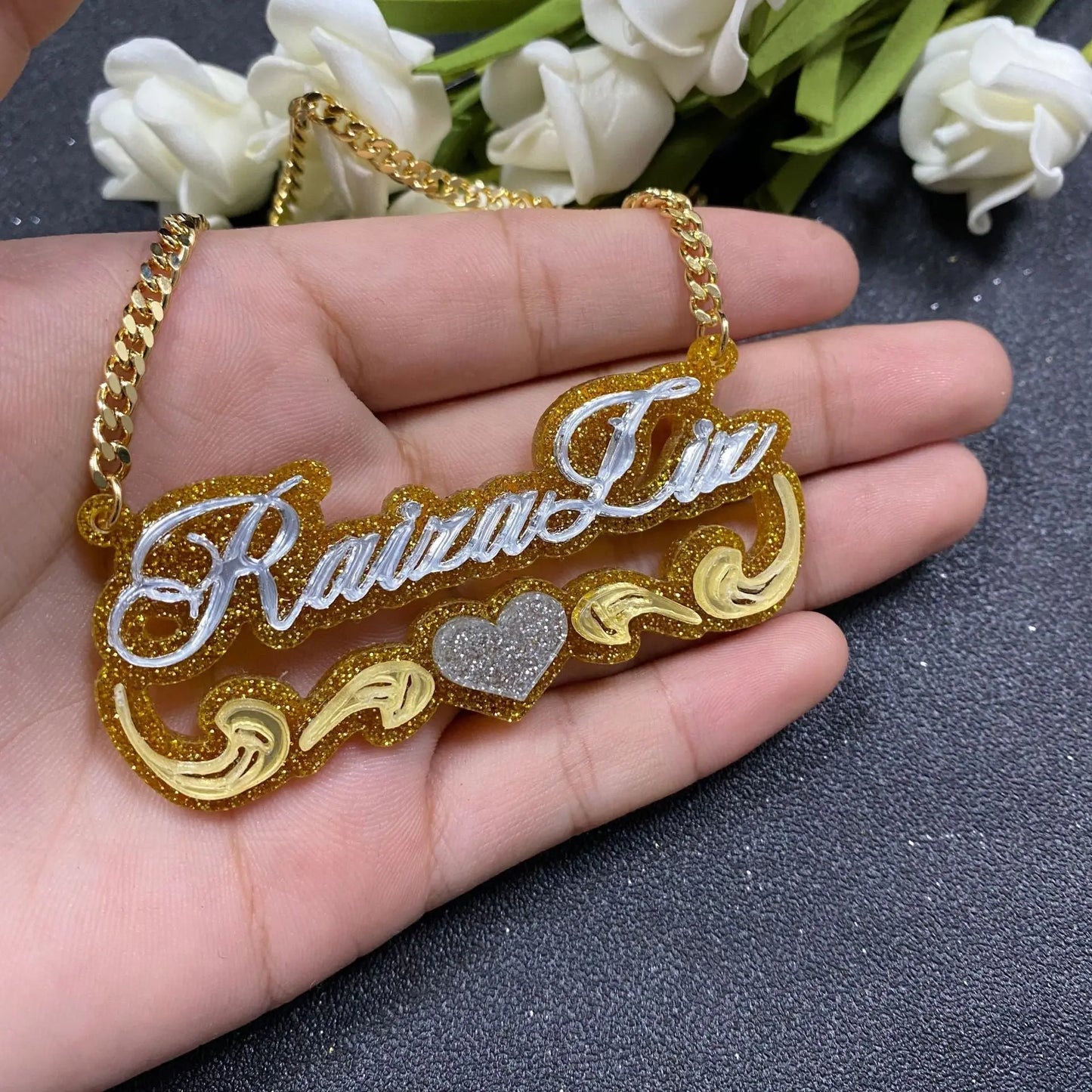 Custom creative name acrylic bamboo earrings necklace glitter set - Blade & Thread