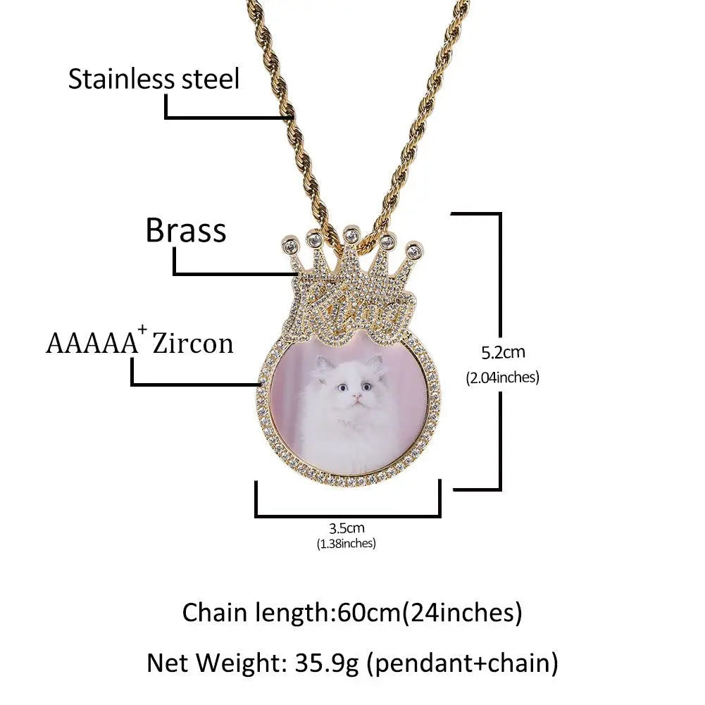 Custom Crown Round Photo Diamond Pendant Hip Hop Necklace - Blade & Thread