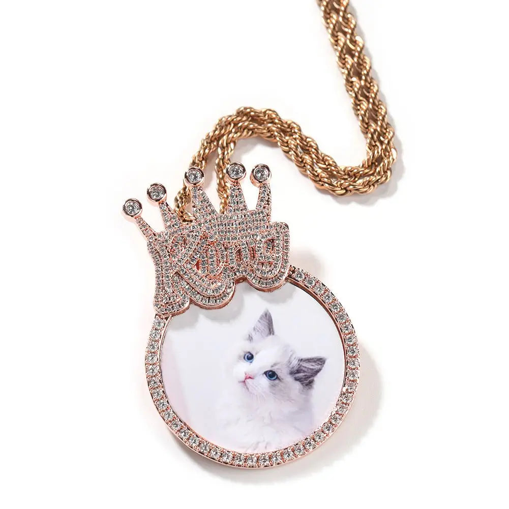 Custom Crown Round Photo Diamond Pendant Hip Hop Necklace - Blade & Thread