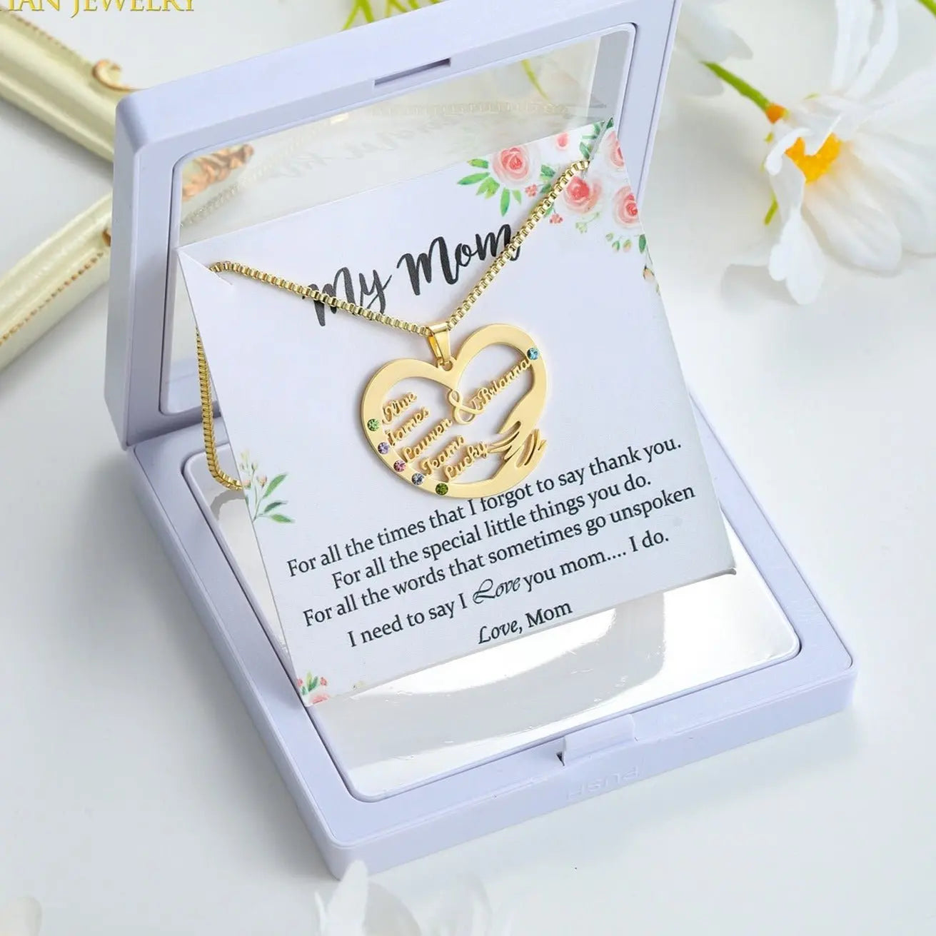 Custom Mom Necklace With Birthstones Personalized Heart Mother And Child Name Pendant - Blade & Thread