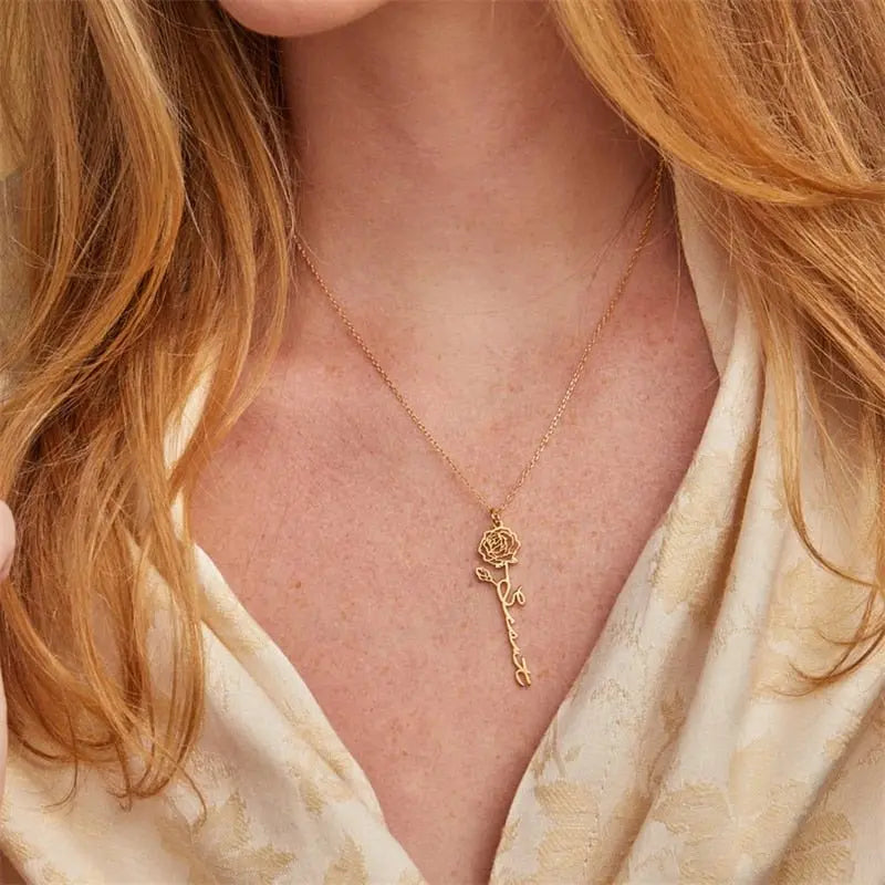 Custom Name Necklace Handwriting Style With Flower Personalized Name Jewelry - Blade & Thread