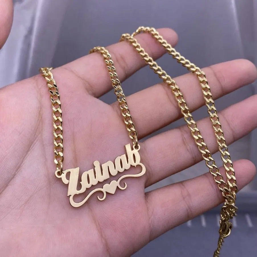 Custom Name Necklace With Heart Stainless Steel Cuban Chain Necklace - Blade & Thread