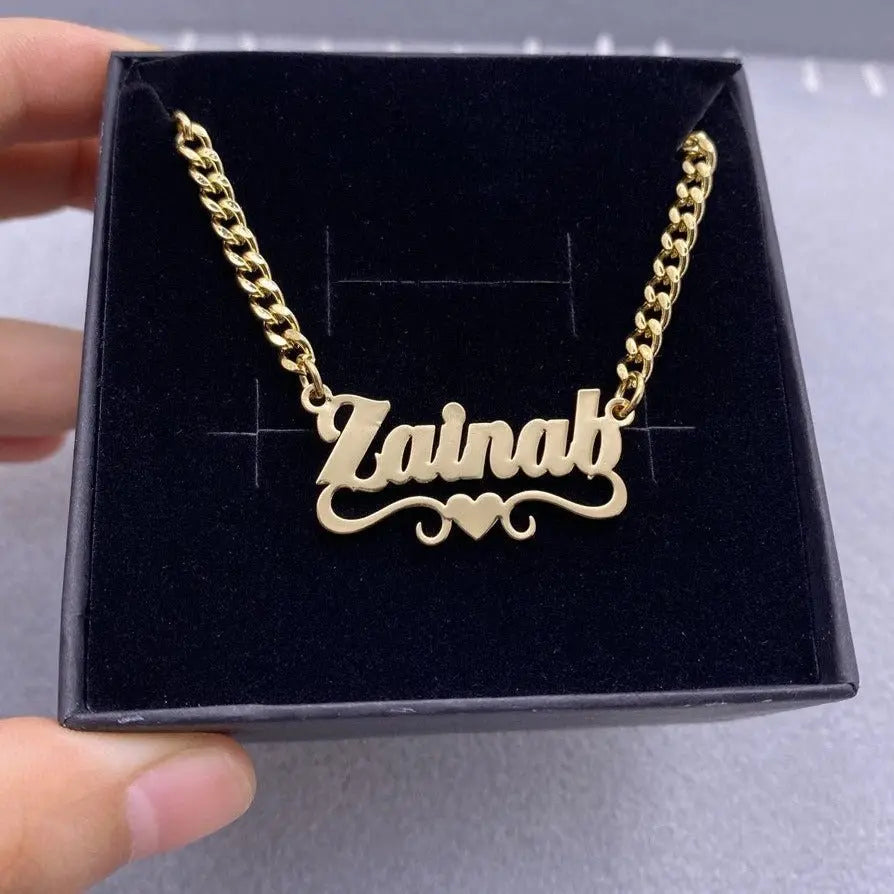 Custom Name Necklace With Heart Stainless Steel Cuban Chain Necklace - Blade & Thread