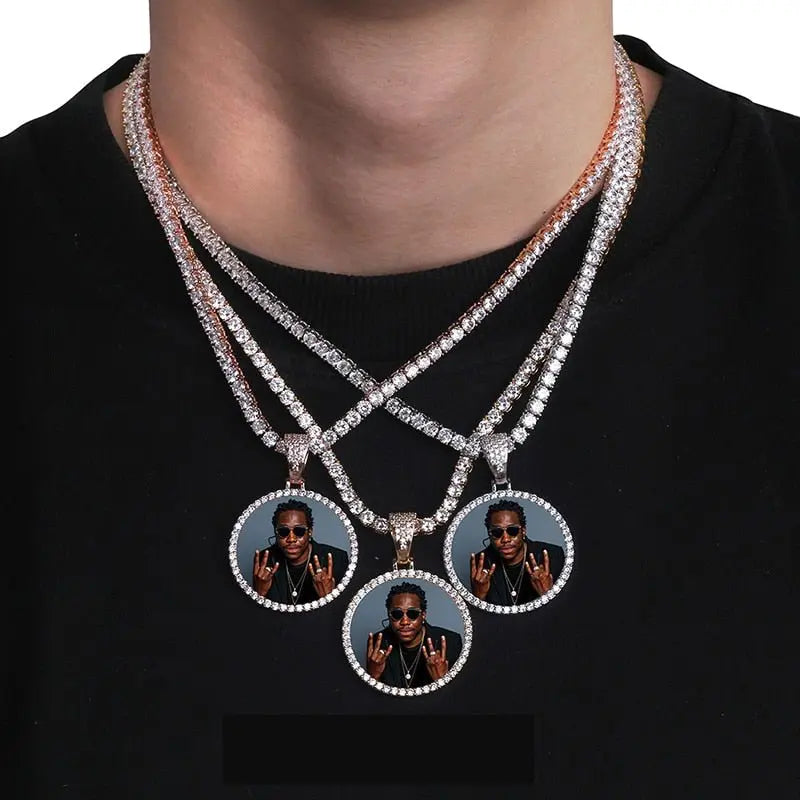Custom Photo Memory Medallions Necklace With Tennis Chain With Cubic Zircon Chains - Blade & Thread
