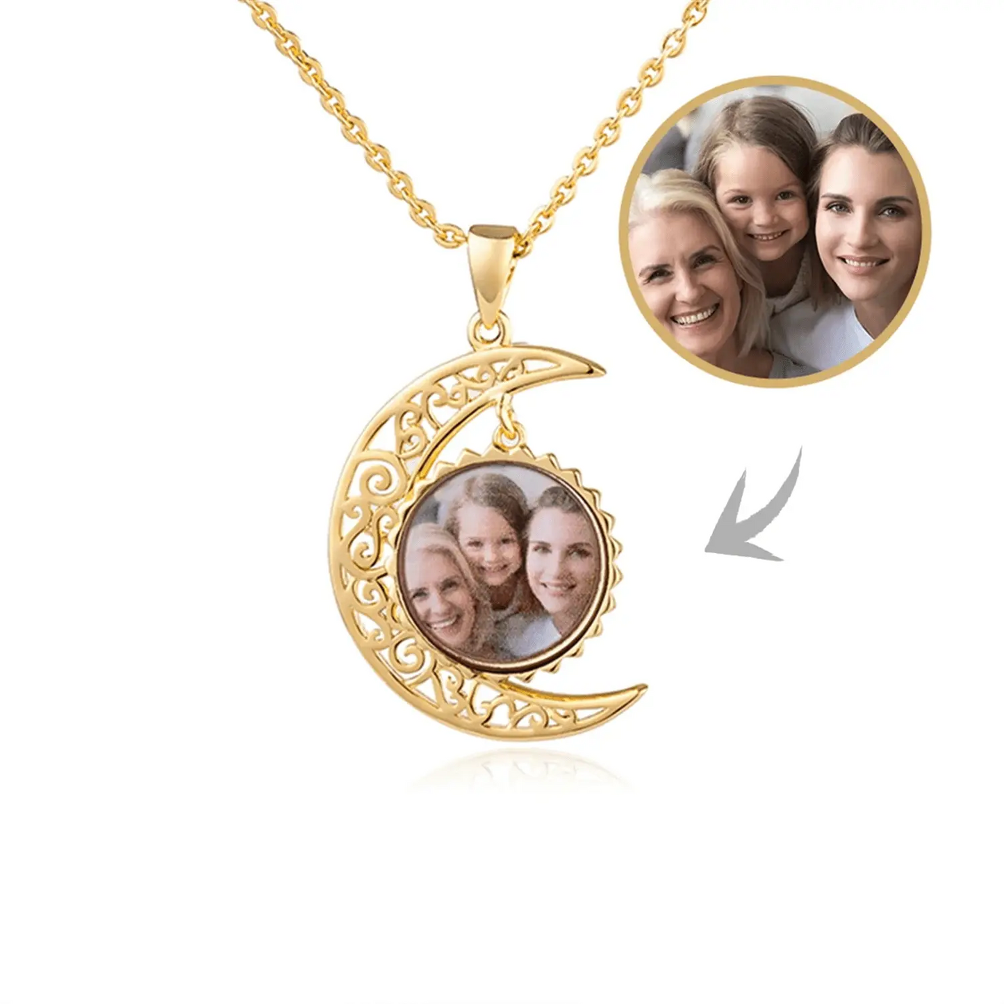 Custom Photo Necklace Moon Style Personalized 18k Gold Plated Pendant Nameplate - Blade & Thread