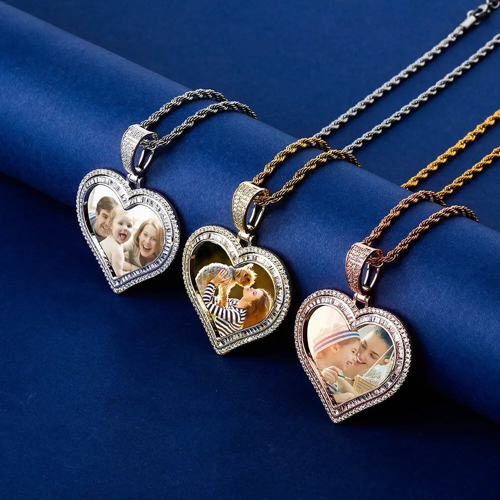 Custom Photo Pendant Heart-shaped Medal Necklace Iced Cubic Zirconia Pendant Hip Hop Jewelry - Blade & Thread