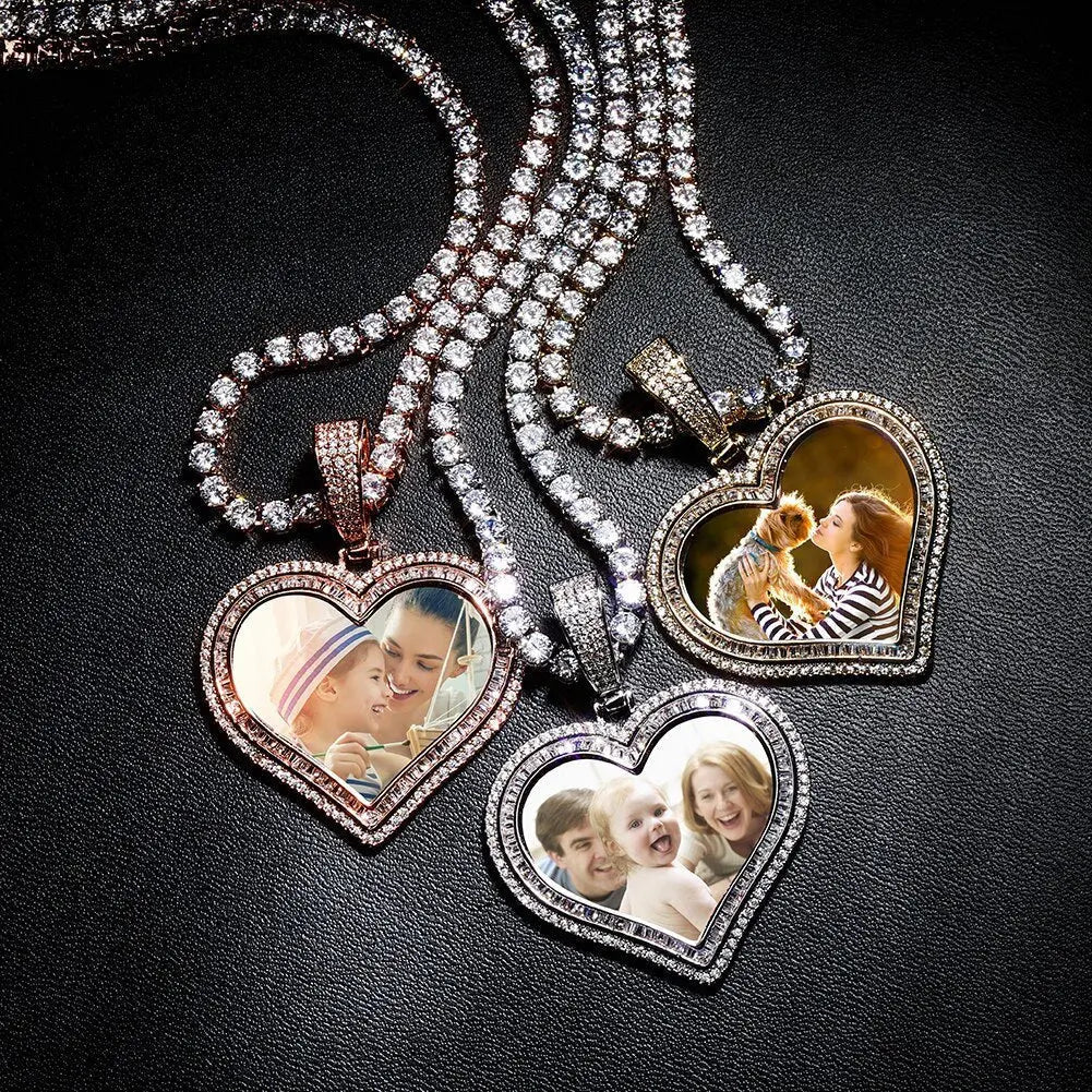 Custom Photo Pendant Heart-shaped Medal Necklace Iced Cubic Zirconia Pendant Hip Hop Jewelry - Blade & Thread