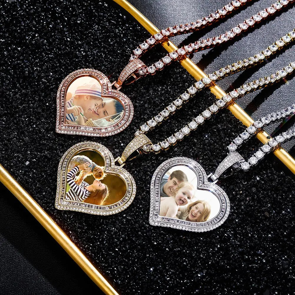 Custom Photo Pendant Heart-shaped Medal Necklace Iced Cubic Zirconia Pendant Hip Hop Jewelry - Blade & Thread