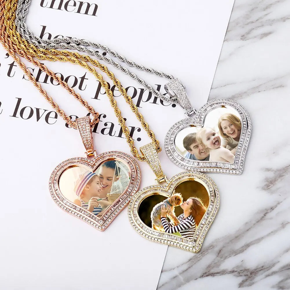 Custom Photo Pendant Heart-shaped Medal Necklace Iced Cubic Zirconia Pendant Hip Hop Jewelry - Blade & Thread