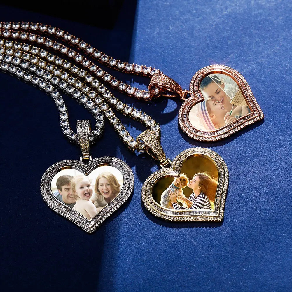 Custom Photo Pendant Heart-shaped Medal Necklace Iced Cubic Zirconia Pendant Hip Hop Jewelry nowadaysfashion