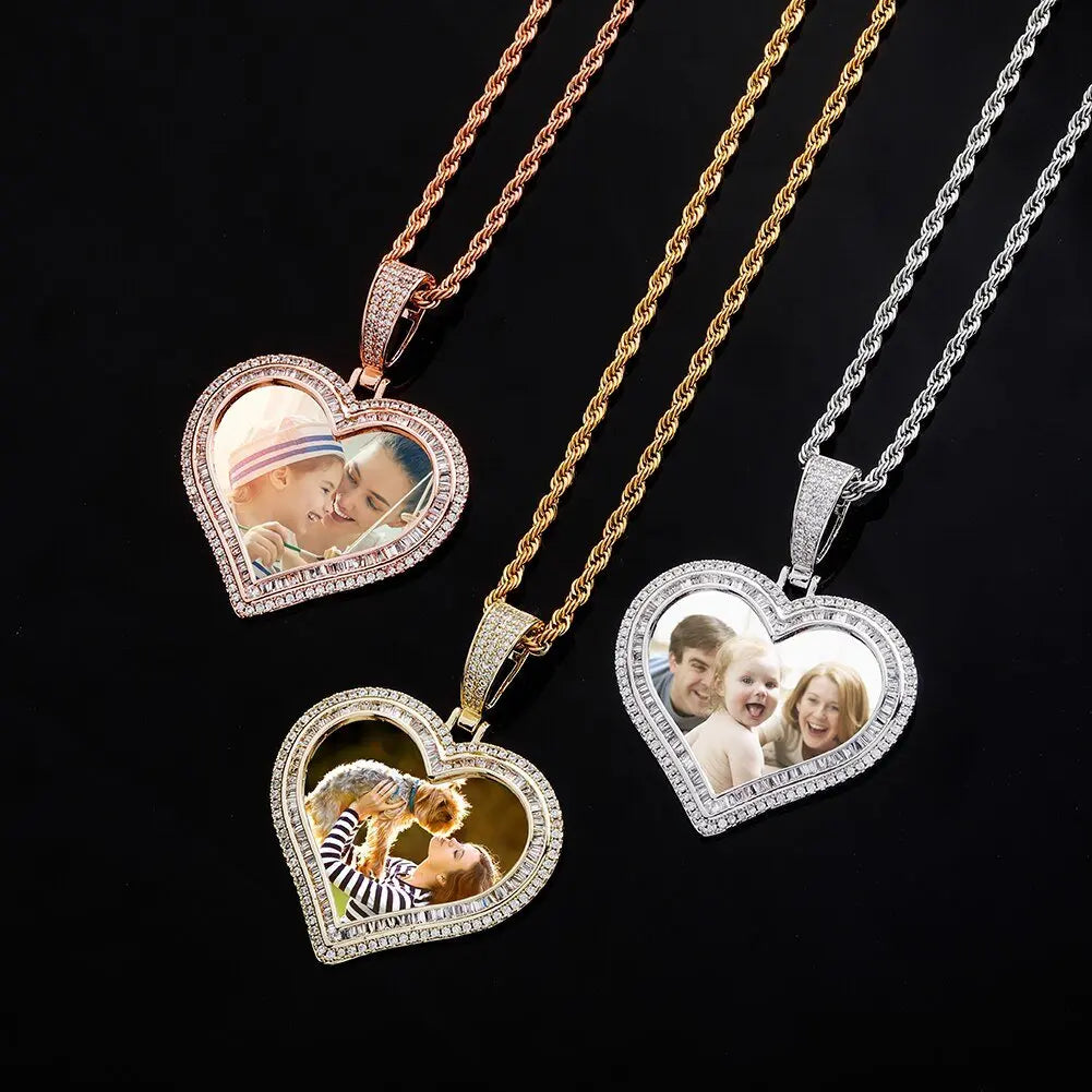 Custom Photo Pendant Heart-shaped Medal Necklace Iced Cubic Zirconia Pendant Hip Hop Jewelry - Blade & Thread