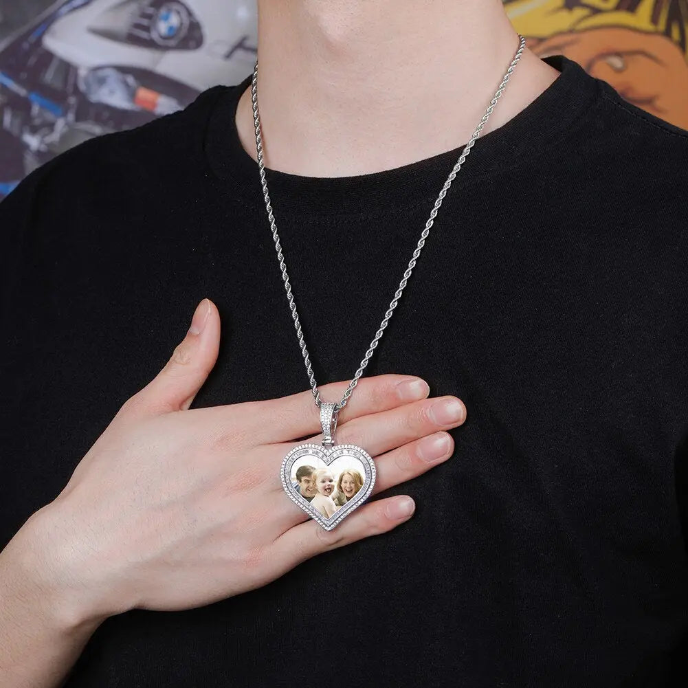 Custom Photo Pendant Heart-shaped Medal Necklace Iced Cubic Zirconia Pendant Hip Hop Jewelry - Blade & Thread