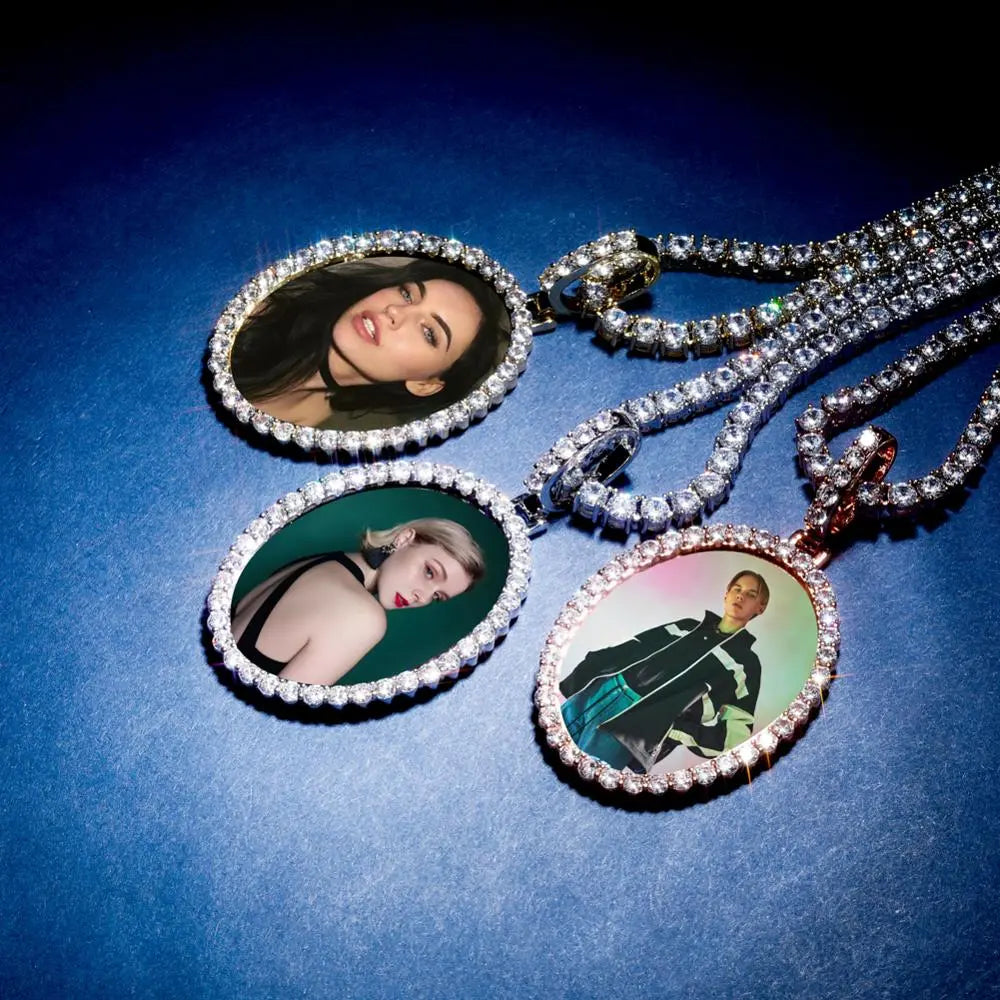 Custom Photo Pendant Oval Medal Pendant Ice Zircon Pendant Necklace Fashion Hip Hop Jewelry - Blade & Thread
