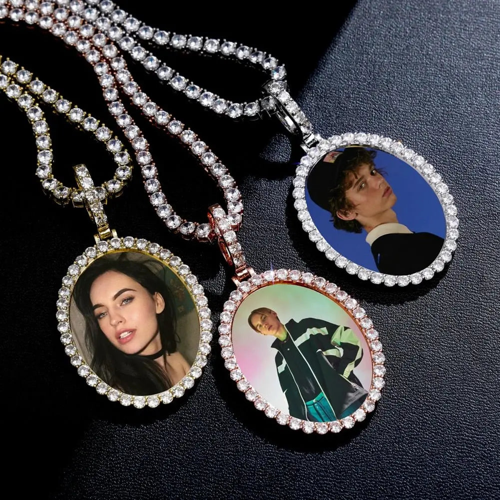 Custom Photo Pendant Oval Medal Pendant Ice Zircon Pendant Necklace Fashion Hip Hop Jewelry - Blade & Thread