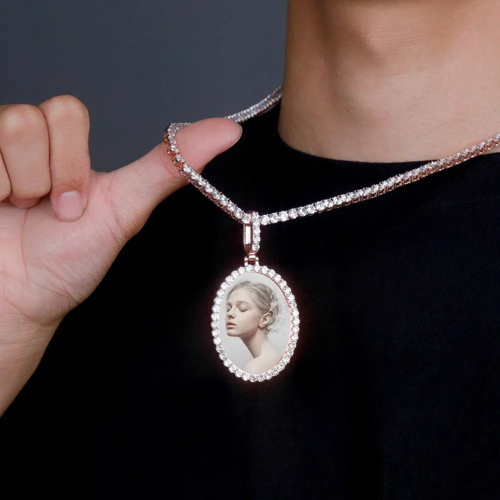 Custom Photo Pendant Oval Medal Pendant Ice Zircon Pendant Necklace Fashion Hip Hop Jewelry - Blade & Thread
