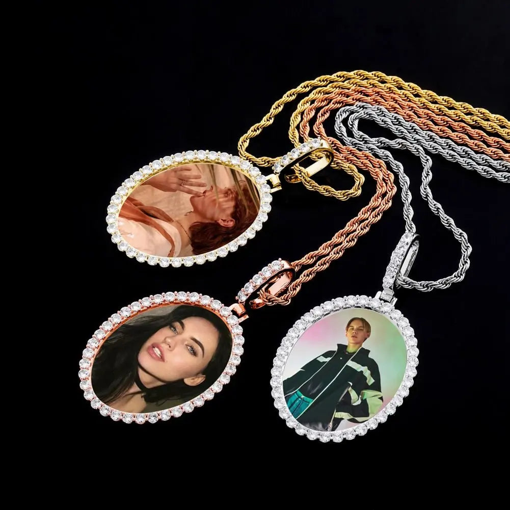 Custom Photo Pendant Oval Medal Pendant Ice Zircon Pendant Necklace Fashion Hip Hop Jewelry - Blade & Thread