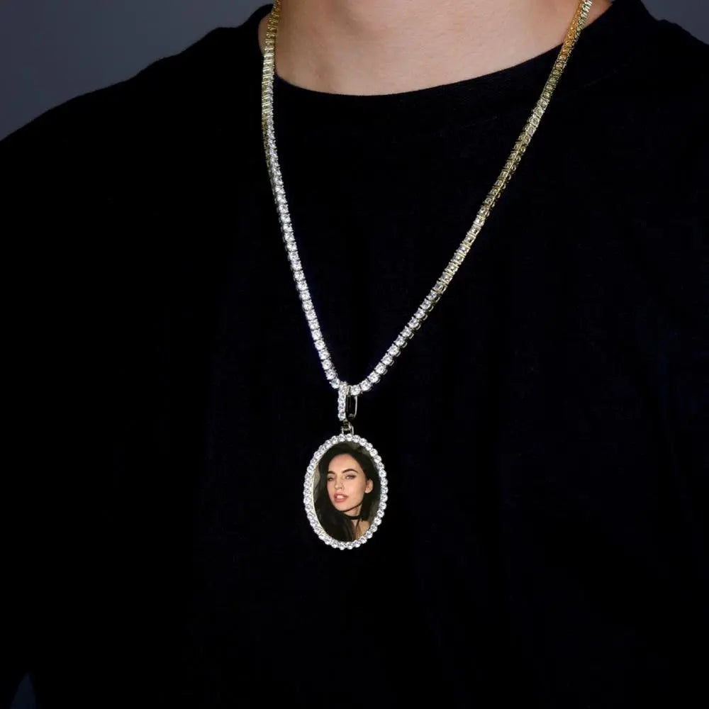 Custom Photo Pendant Oval Medal Pendant Ice Zircon Pendant Necklace Fashion Hip Hop Jewelry nowadaysfashion
