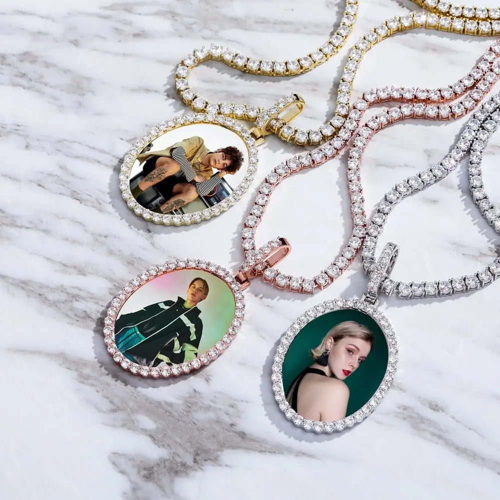 Custom Photo Pendant Oval Medal Pendant Ice Zircon Pendant Necklace Fashion Hip Hop Jewelry - Blade & Thread