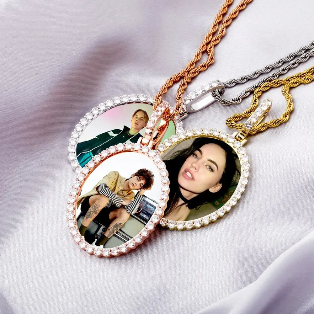 Custom Photo Pendant Oval Medal Pendant Ice Zircon Pendant Necklace Fashion Hip Hop Jewelry - Blade & Thread