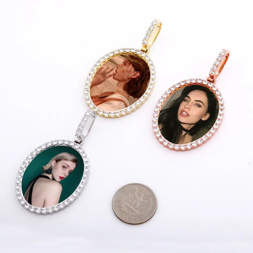 Custom Photo Pendant Oval Medal Pendant Ice Zircon Pendant Necklace Fashion Hip Hop Jewelry - Blade & Thread