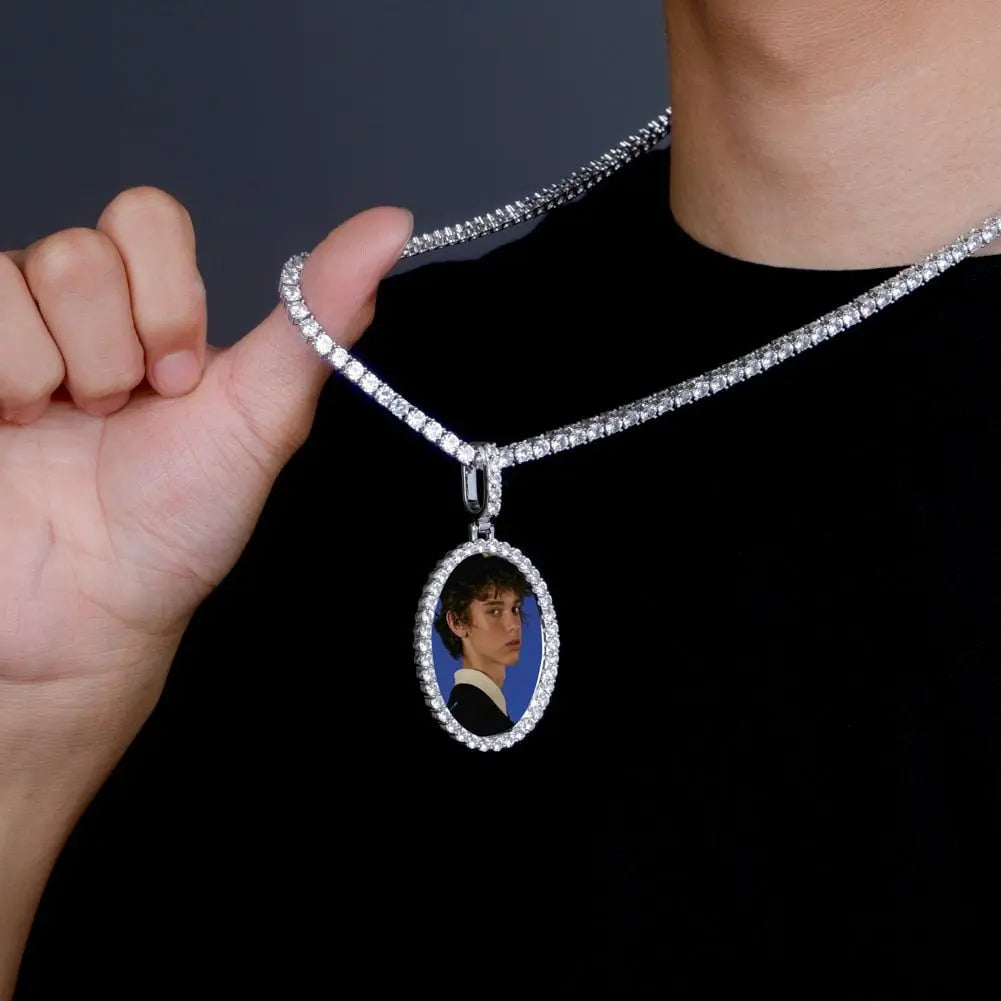 Custom Photo Pendant Oval Medal Pendant Ice Zircon Pendant Necklace Fashion Hip Hop Jewelry - Blade & Thread