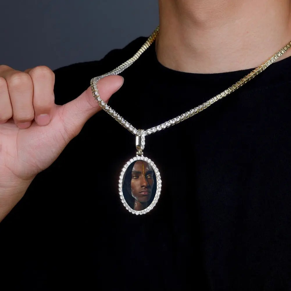 Custom Photo Pendant Oval Medal Pendant Ice Zircon Pendant Necklace Fashion Hip Hop Jewelry - Blade & Thread