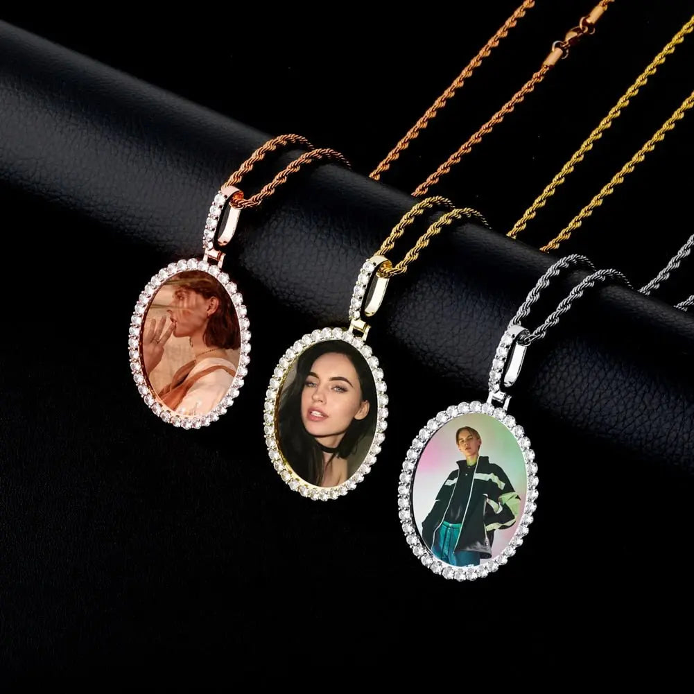 Custom Photo Pendant Oval Medal Pendant Ice Zircon Pendant Necklace Fashion Hip Hop Jewelry - Blade & Thread