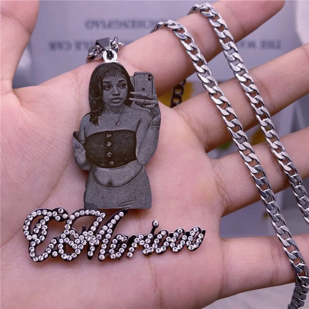 Custom Picture with Diamond Necklace Custom Nameplate Pendent Necklace - Blade & Thread