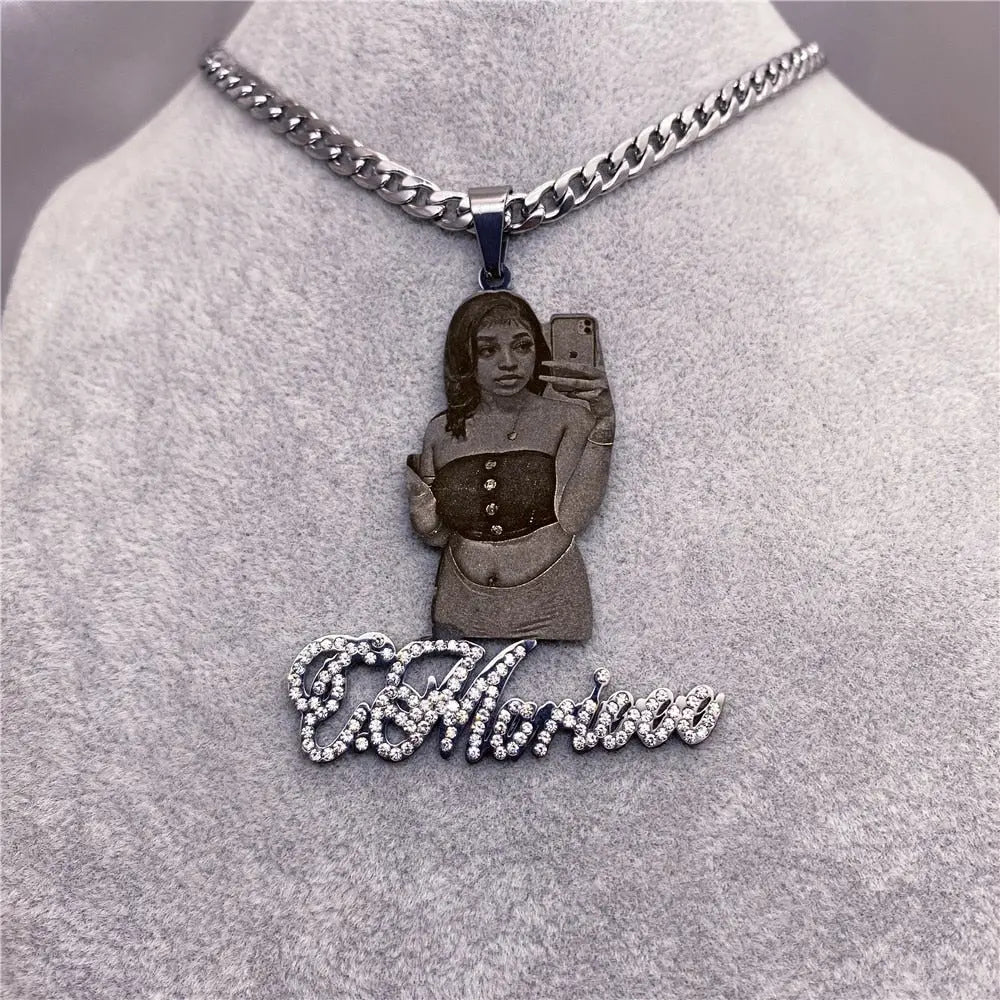 Custom Picture with Diamond Necklace Custom Nameplate Pendent Necklace - Blade & Thread