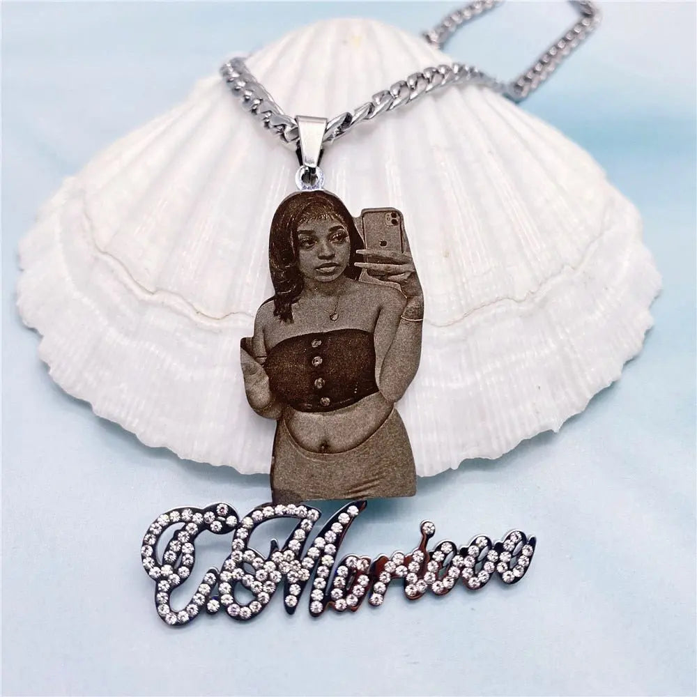 Custom Picture with Diamond Necklace Custom Nameplate Pendent Necklace - Blade & Thread
